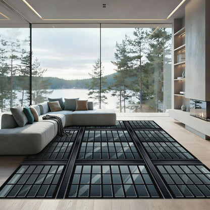 Modern Dark Steel Window Pane Rug