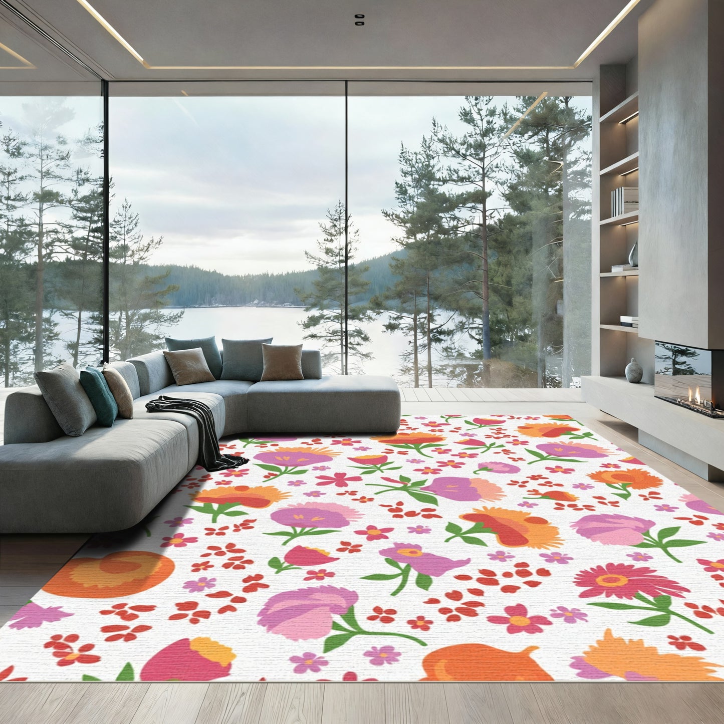 Whimsical Coral Pink Floral Sprig Rug
