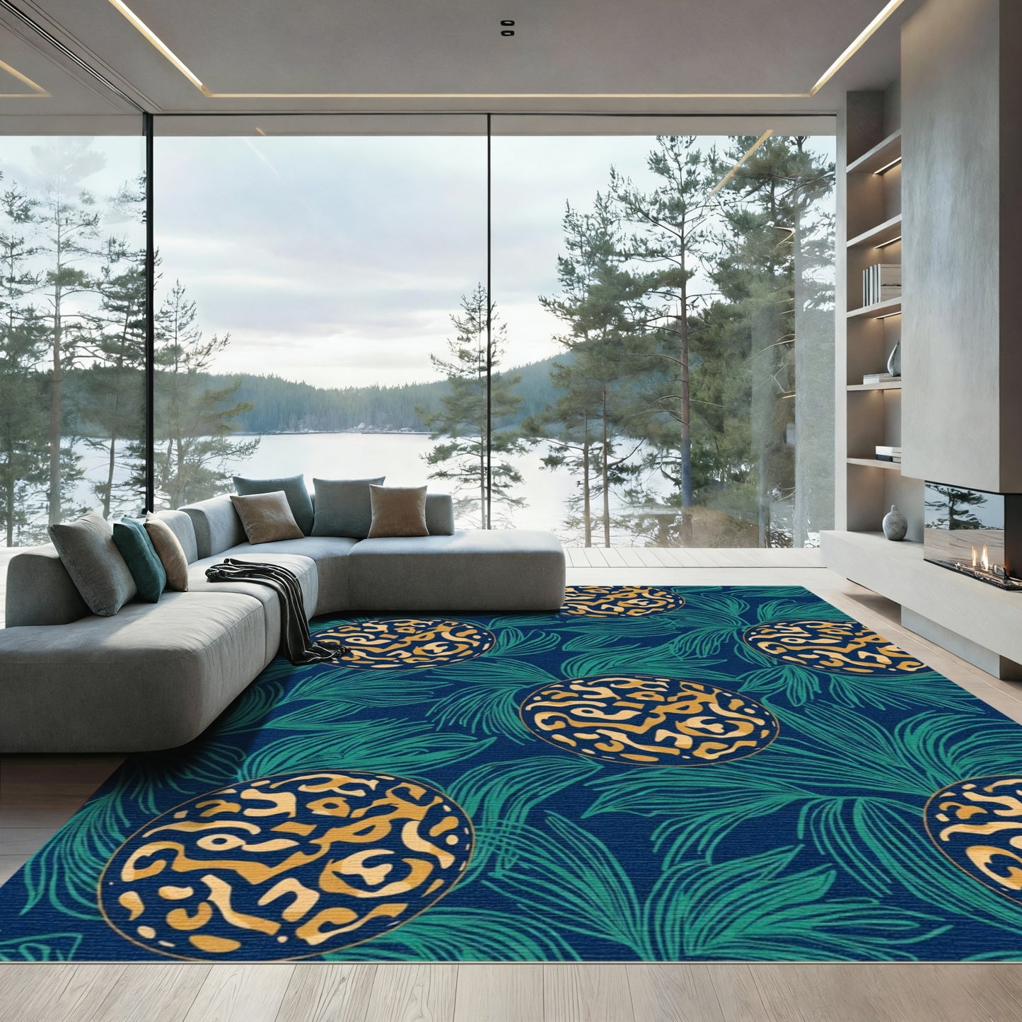 Deep Blue Emerald Botanical Circle Rug