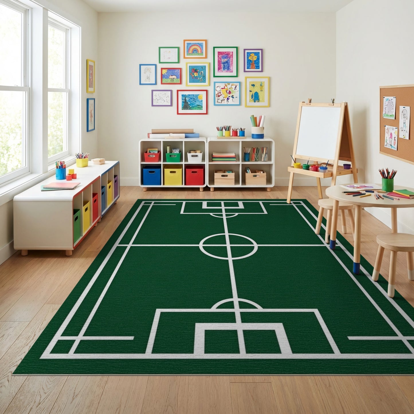 Green Soccer Field White Lines Rug