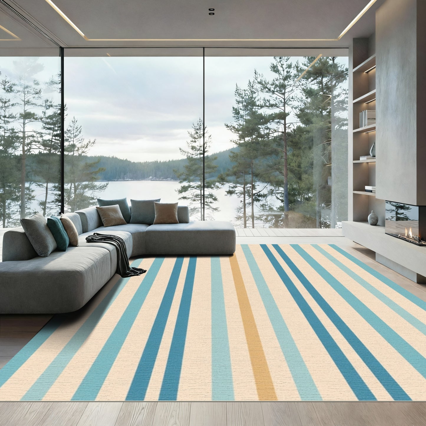 Coastal Blues And Tan Vertical Stripes Rug