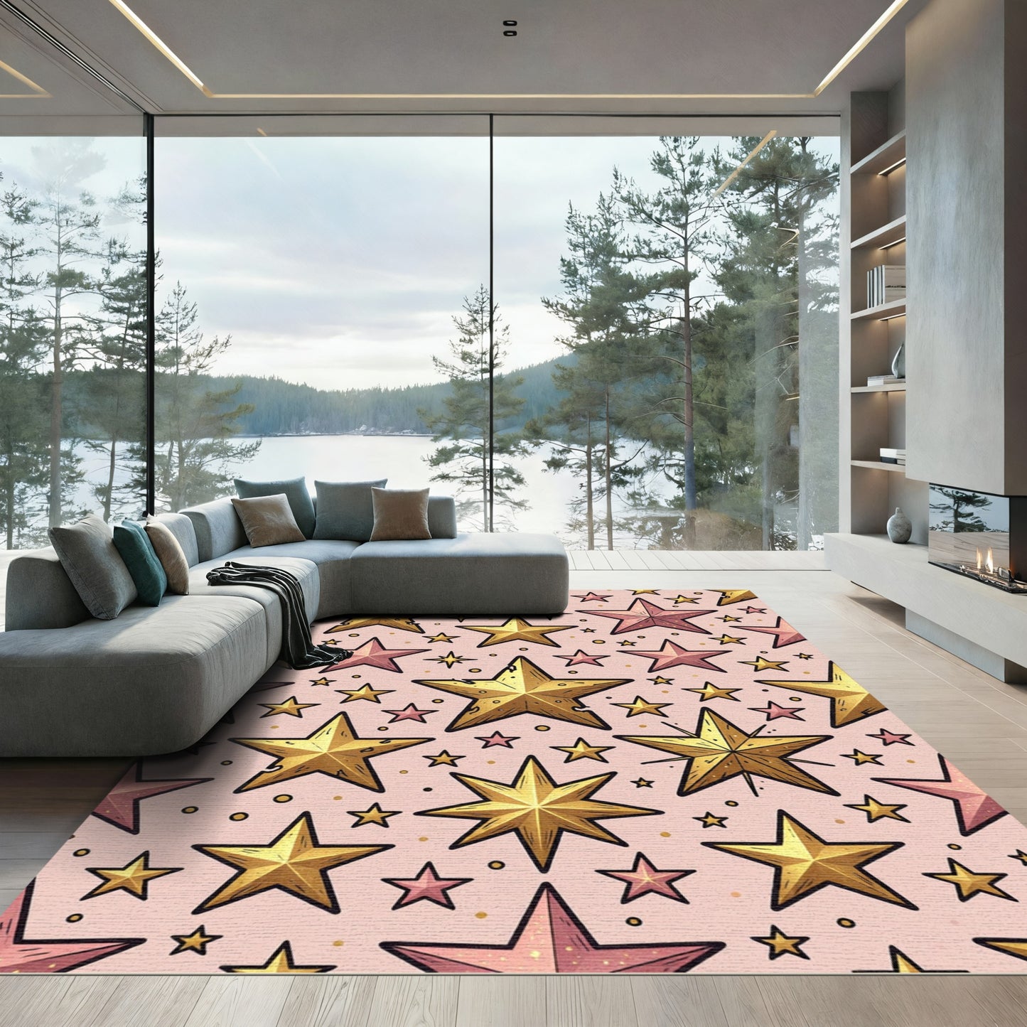 Whimsical Golden Starry Pink Sky Rug