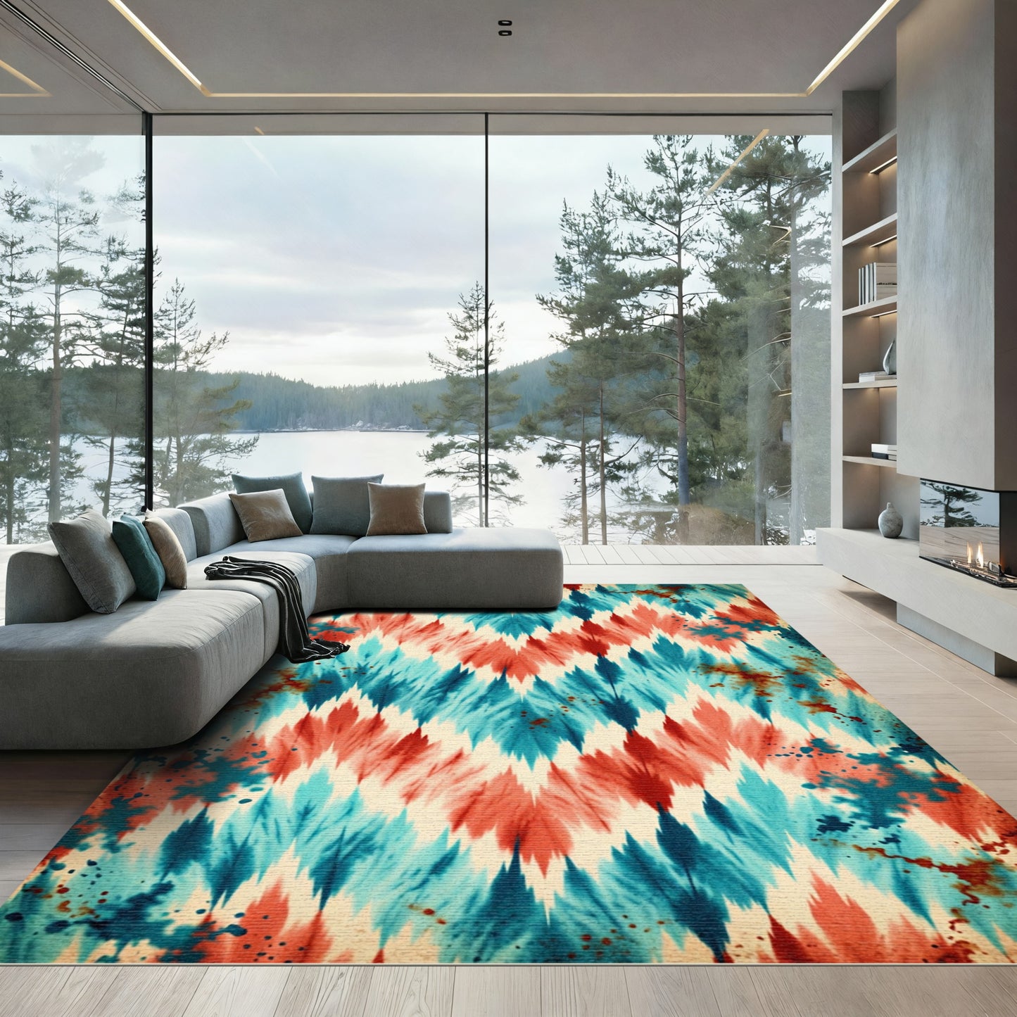 Red and Teal Ikat Zigzag Rug