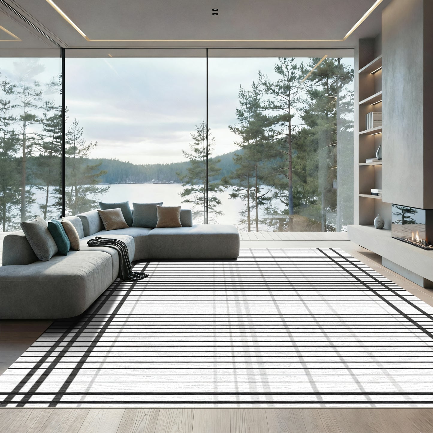 Monochrome Thin Plaid Grid Rug