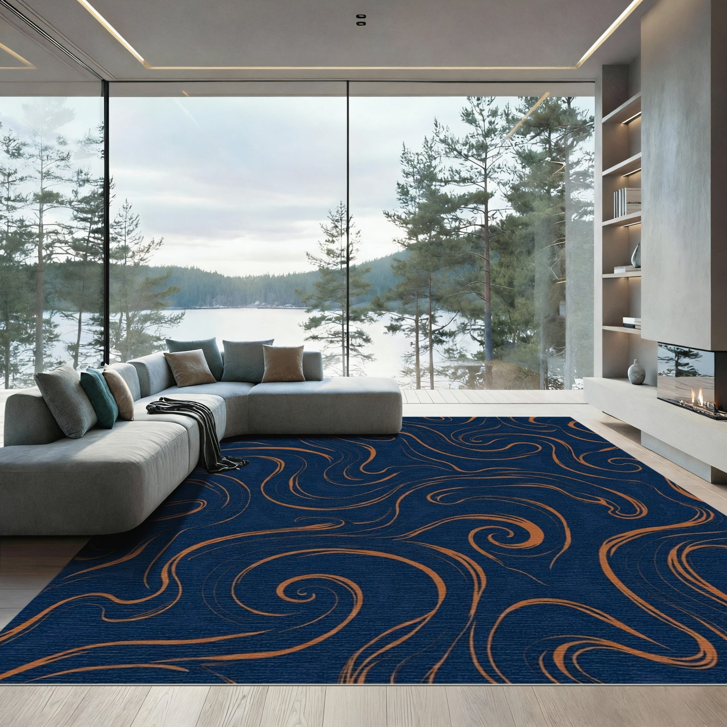 Navy Copper Swirl Abstraction Rug