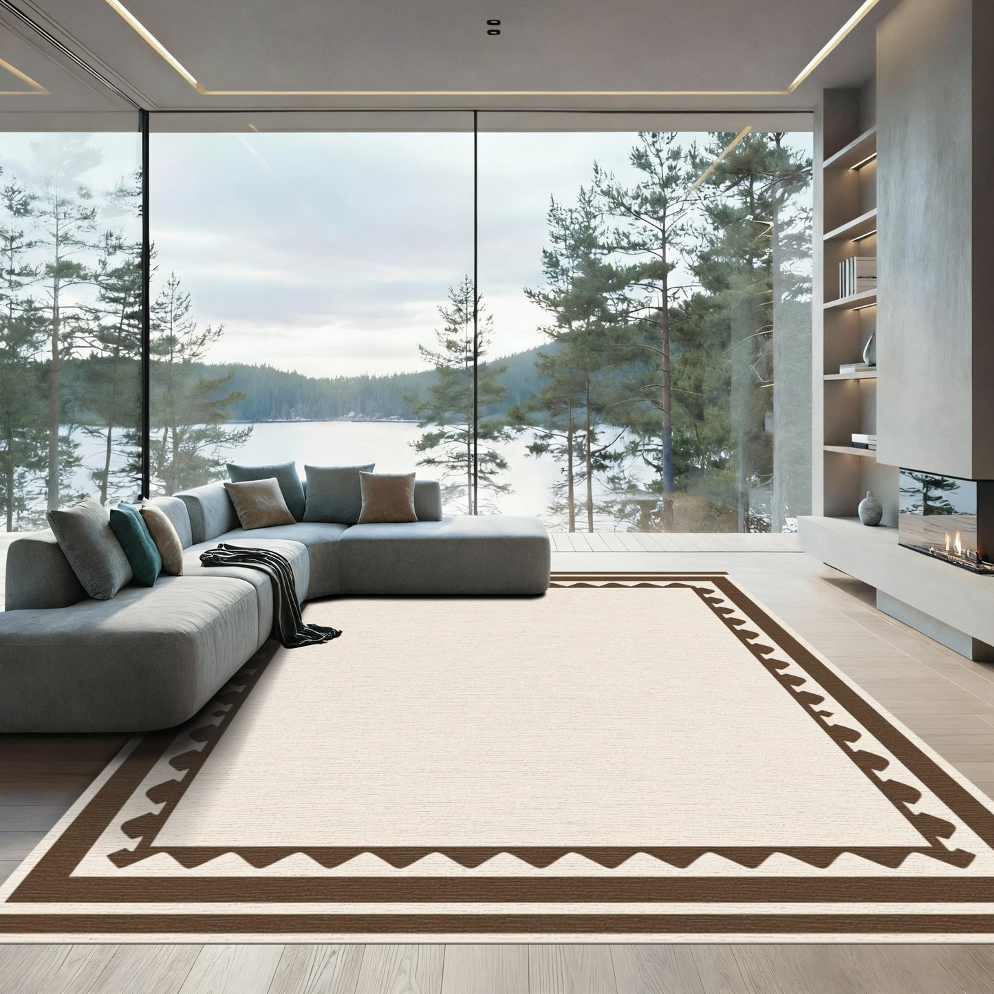 Brown Geometric Dental Border Rug