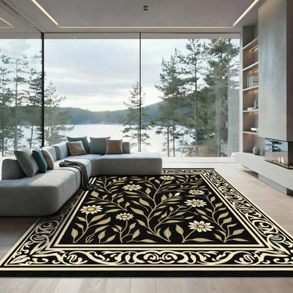 Floral Black Bordered Daisy Rug