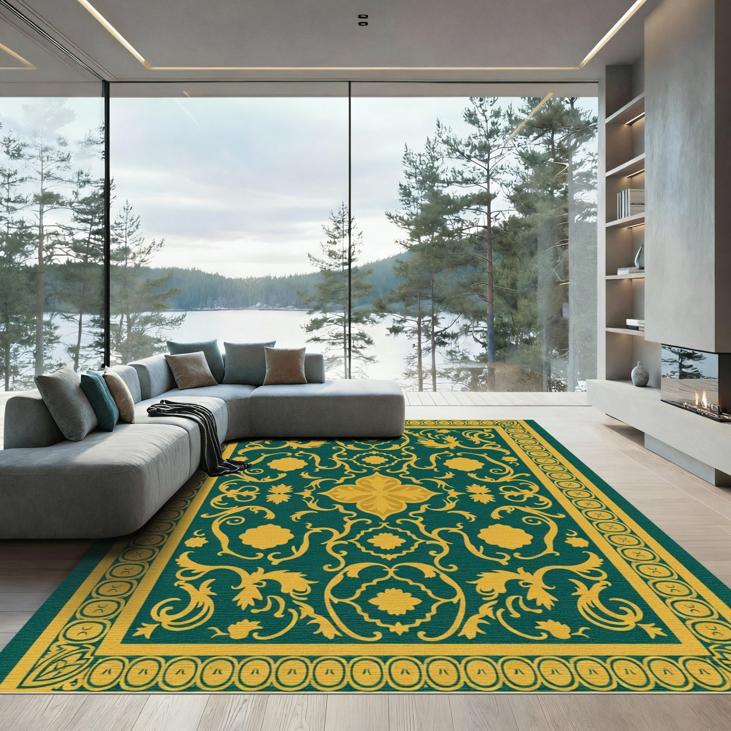 Golden Floral Scrolls Emerald Rug
