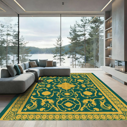 Golden Floral Scrolls Emerald Rug