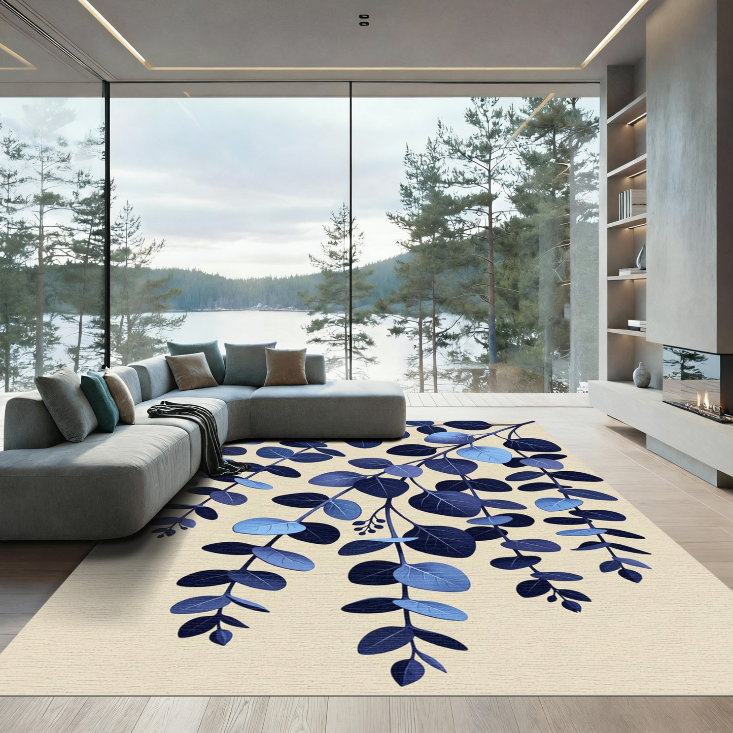 Deep Blue Eucalyptus Leaf Branches Rug