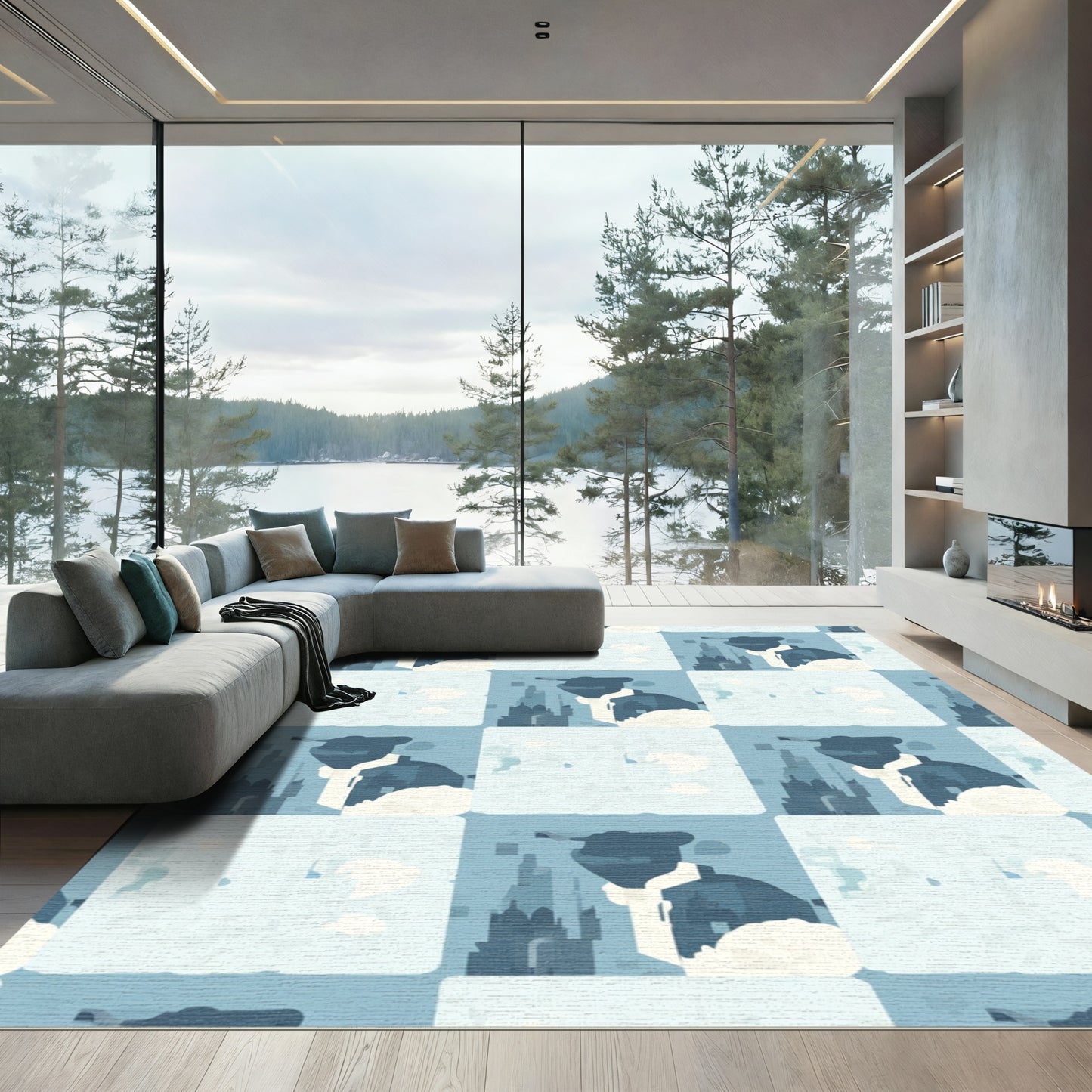 Abstract Blue Square Cityscape Figurine Rug