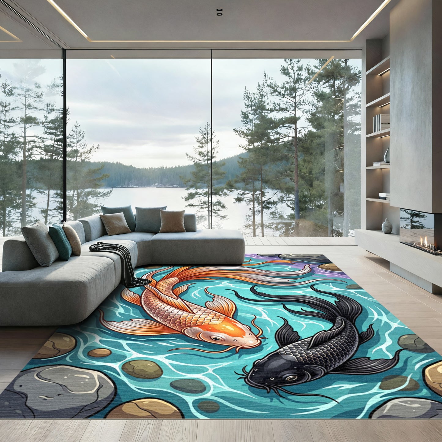Floating Koi Fish Yin Yang Art Rug