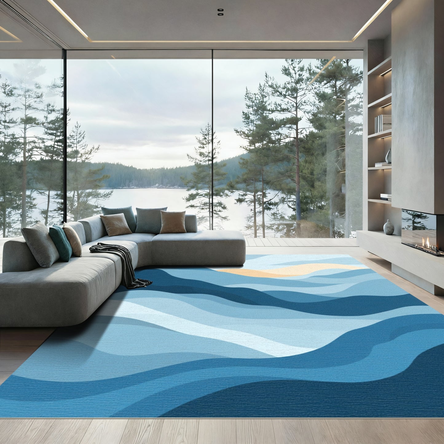 Coastal Blue Gradient Wave Abstract Rug