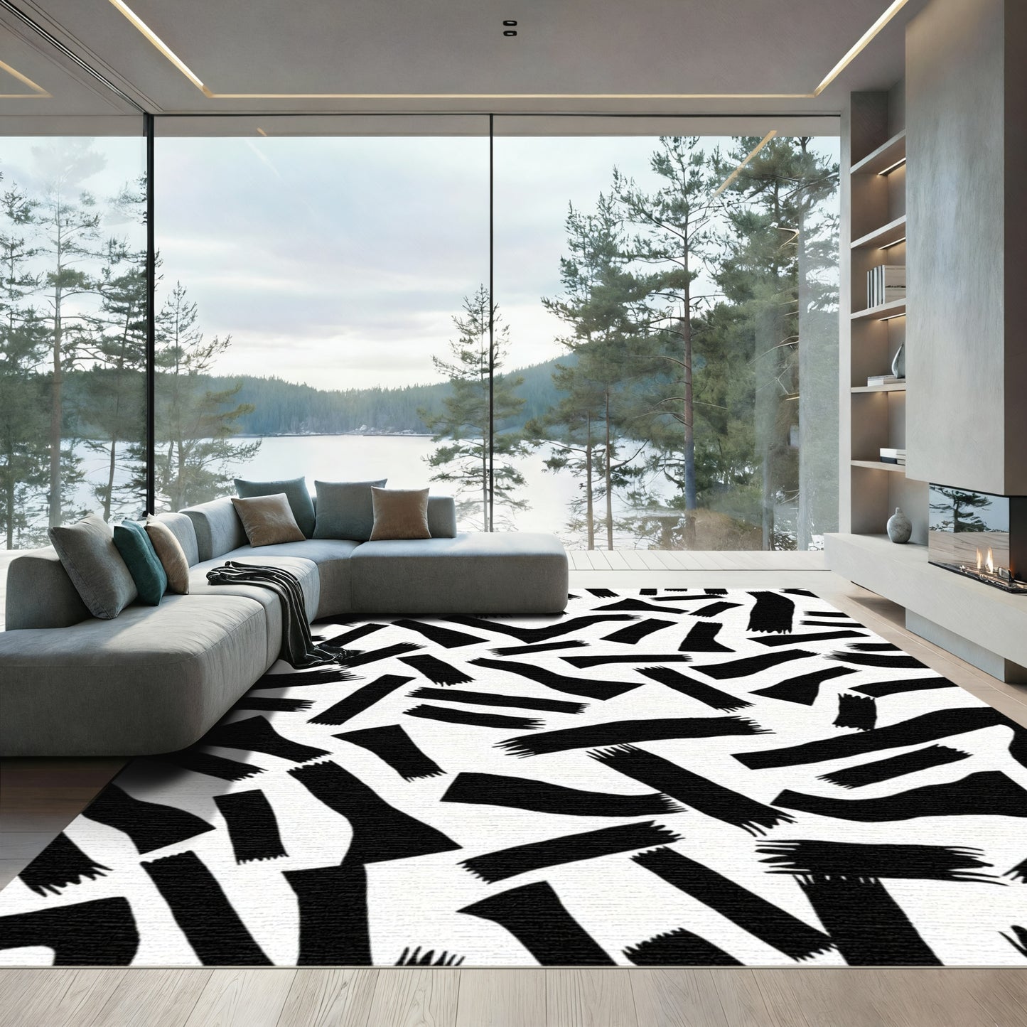 Abstract Black Strokes Contrast Rug