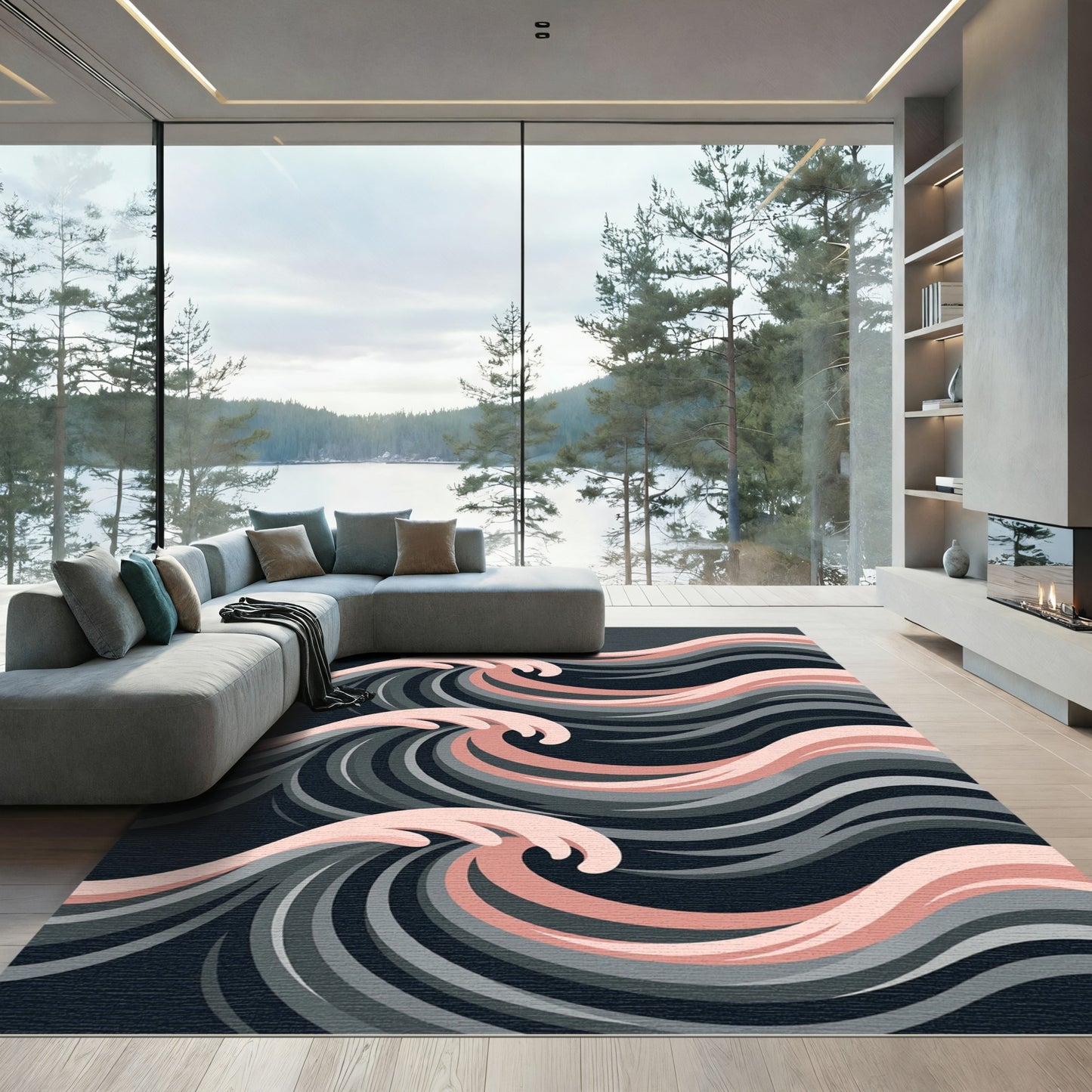 Deep Gray Pink Wave Abstract Rug