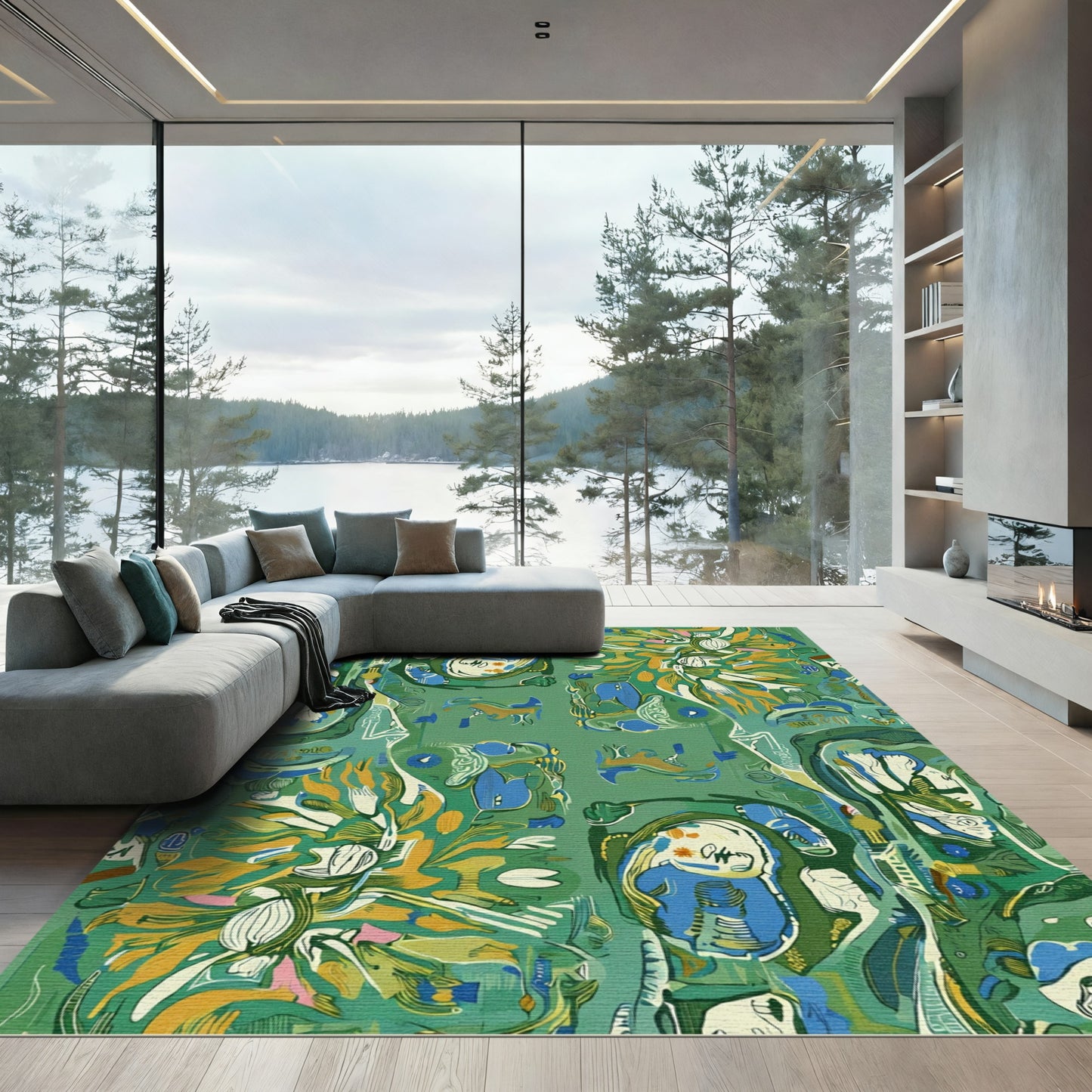 Abstract Green Blue Botanical Organic Rug