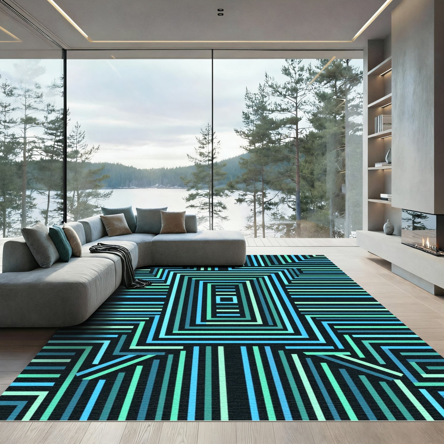 Aqua Teal Nested Rectangles Rug