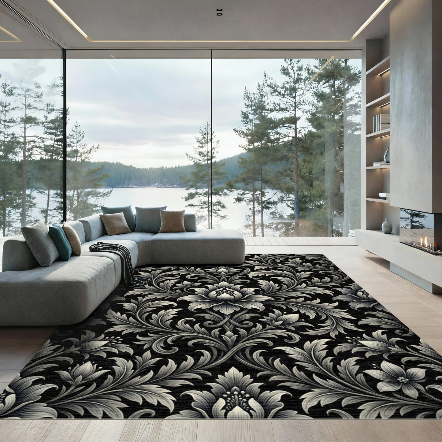 Gilded Black Floral Baroque Swirl Rug
