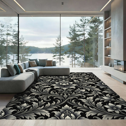 Gilded Black Floral Baroque Swirl Rug