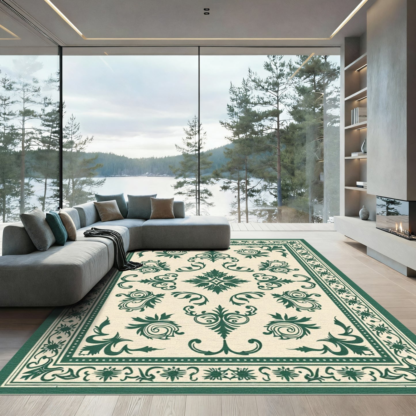 Dark Green Floral Medallion Cream Rug