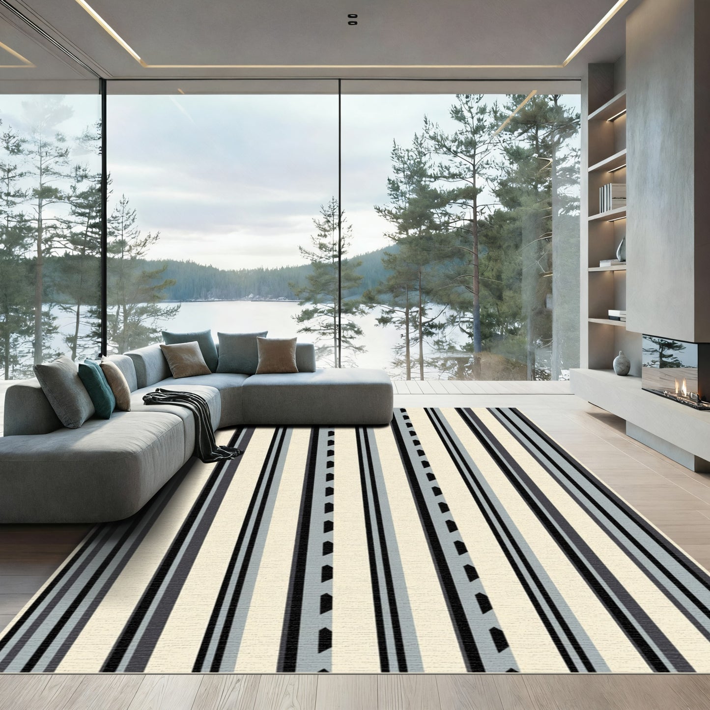 Modern Slate Gray Striped Composition Rug