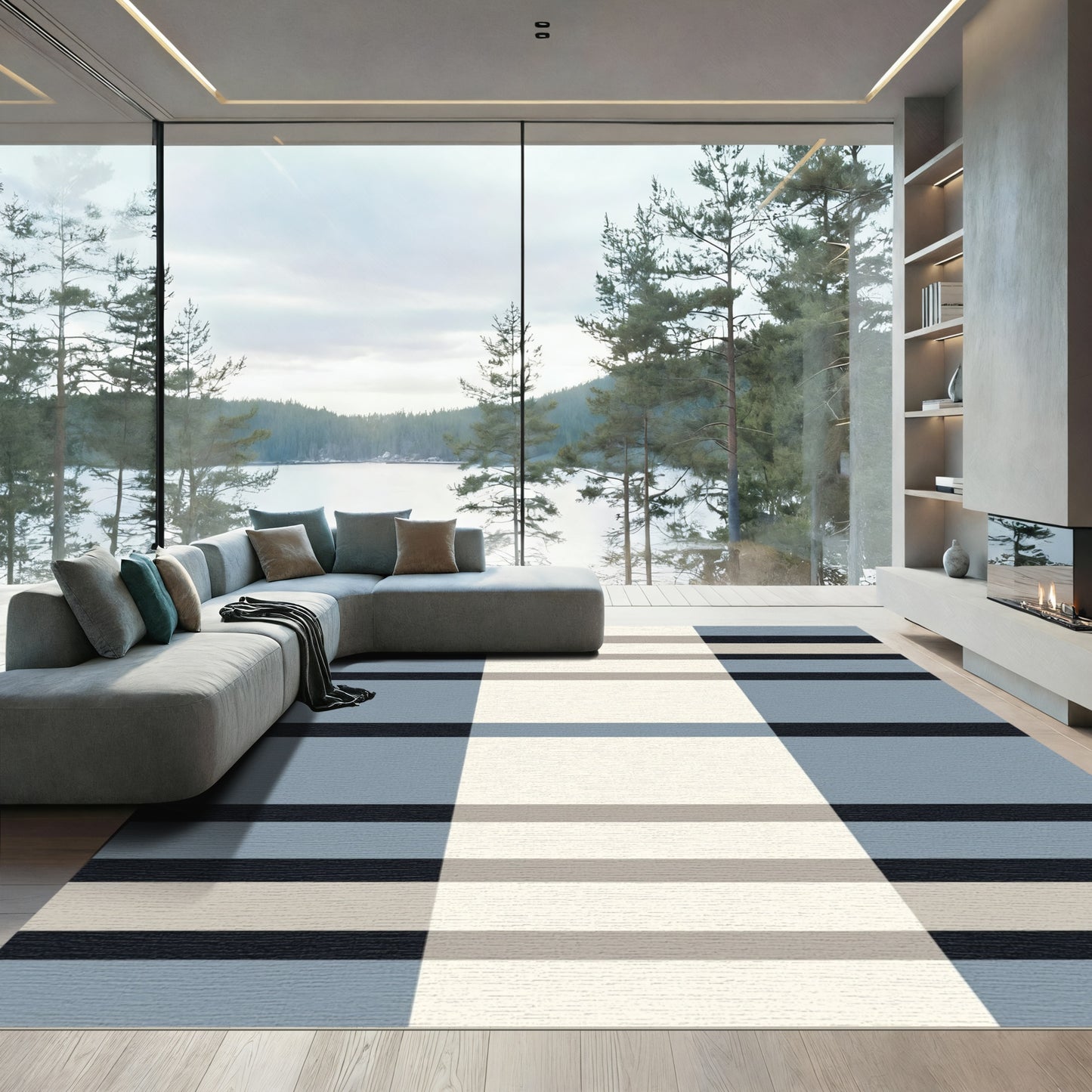 Modern Slate Blue Horizontal Stripe Rug