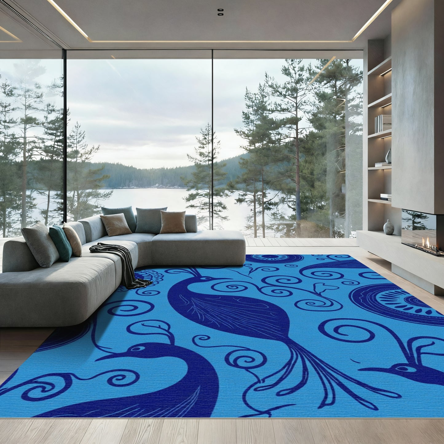 Blue Peacock Swirl Floral Art Rug