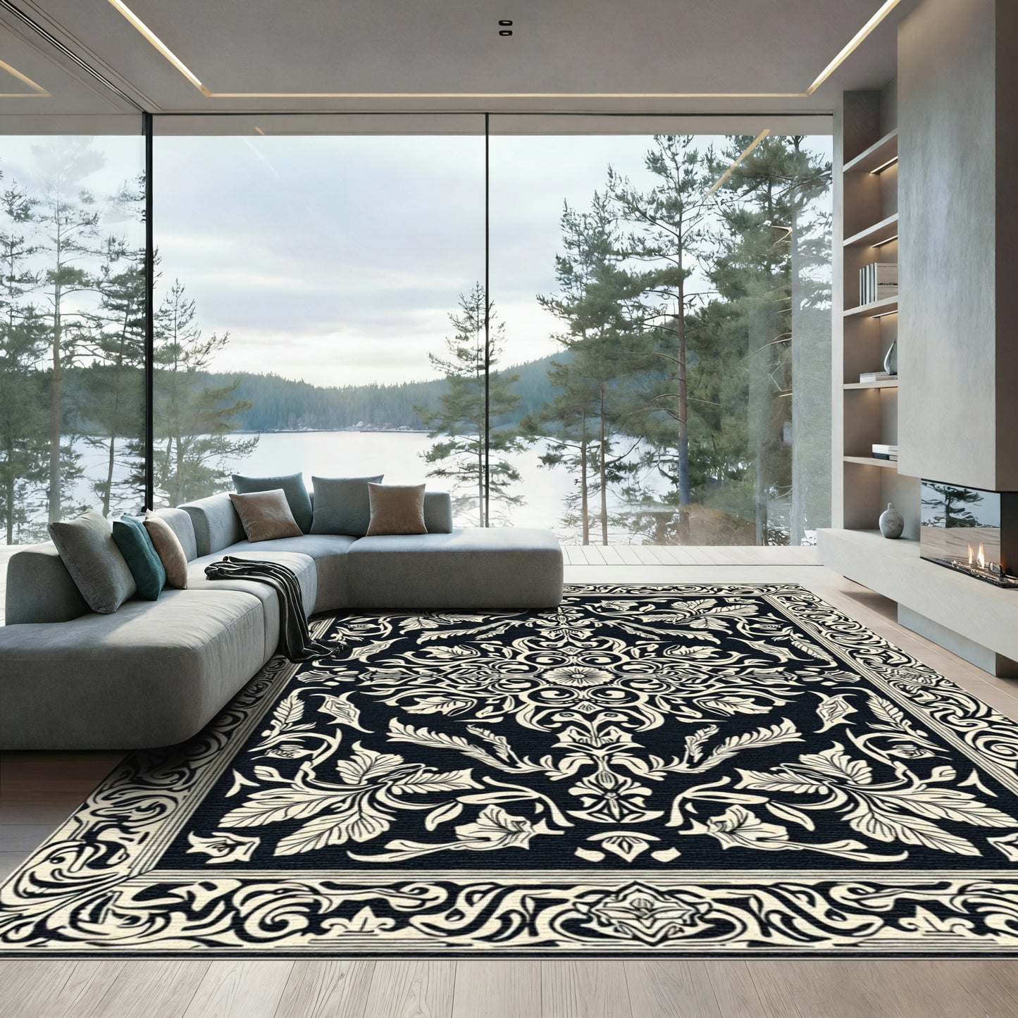 Black Ivory Scrollwork Floral Medallion Rug