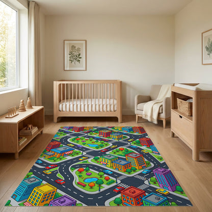 Vibrant Isometric Colorful Cityscape Rug