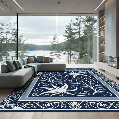 Navy White Coral Starfish Border Rug