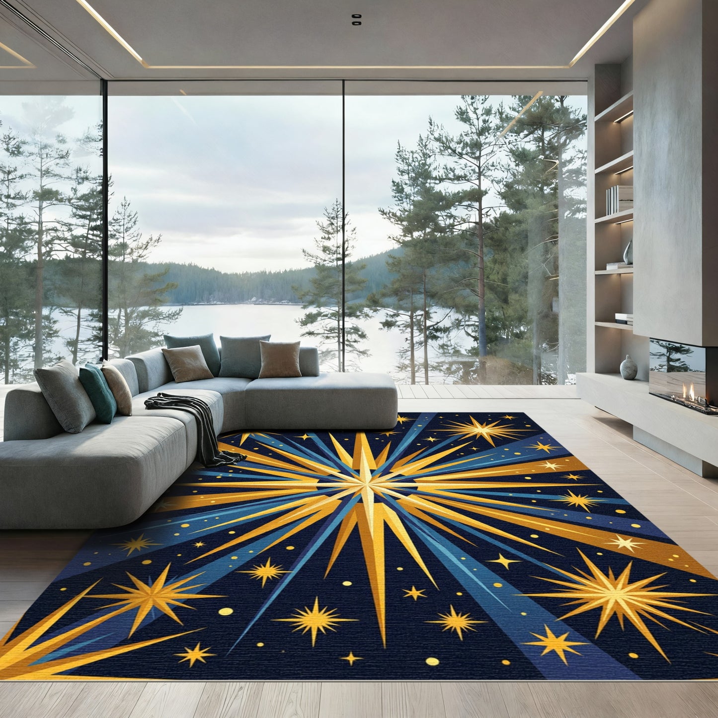 Golden Starburst Explosion Blue Rug