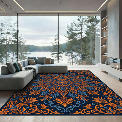 Ornate Blue Orange Floral Mandala Rug