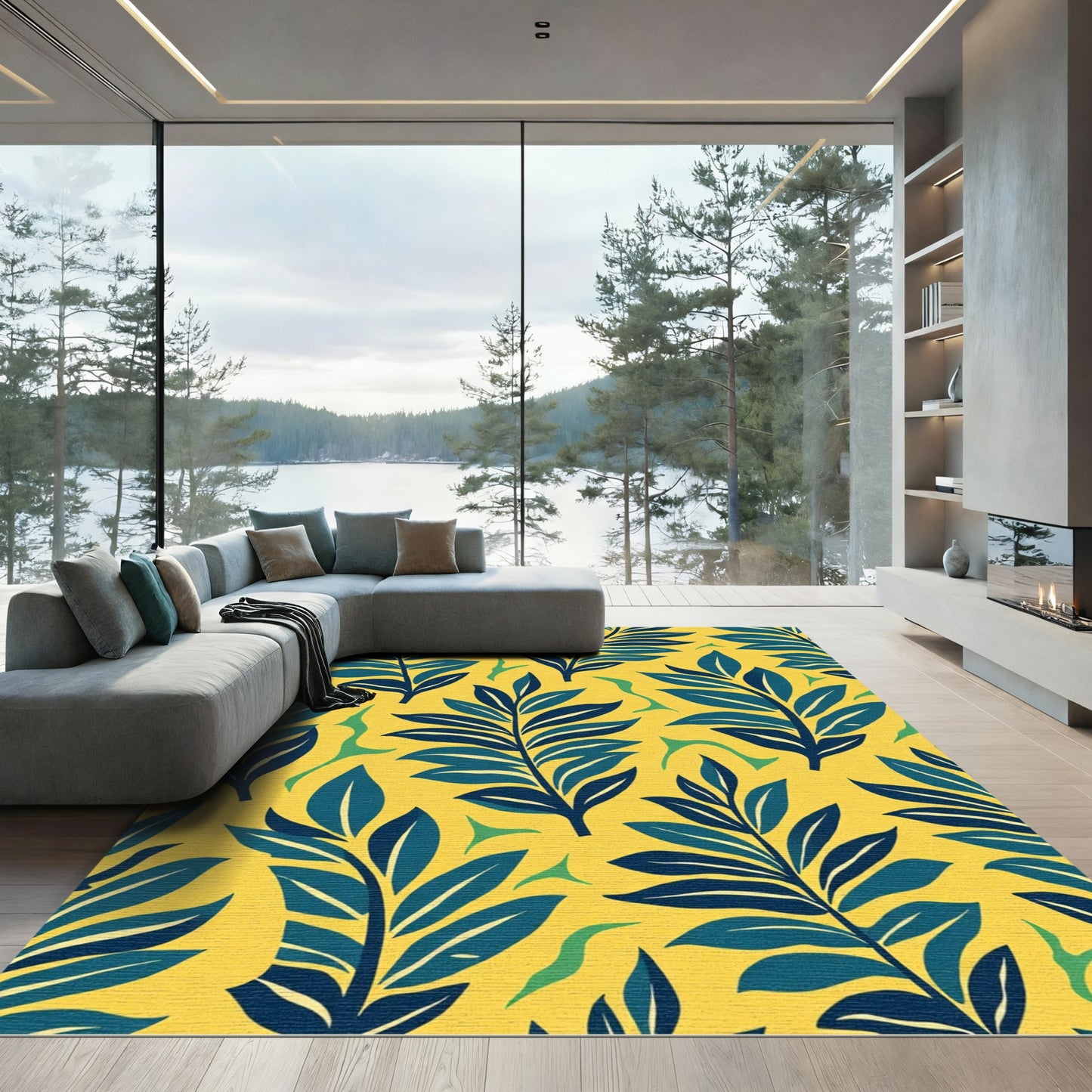 Yellow Blue Leafy Tropical Composition Rug