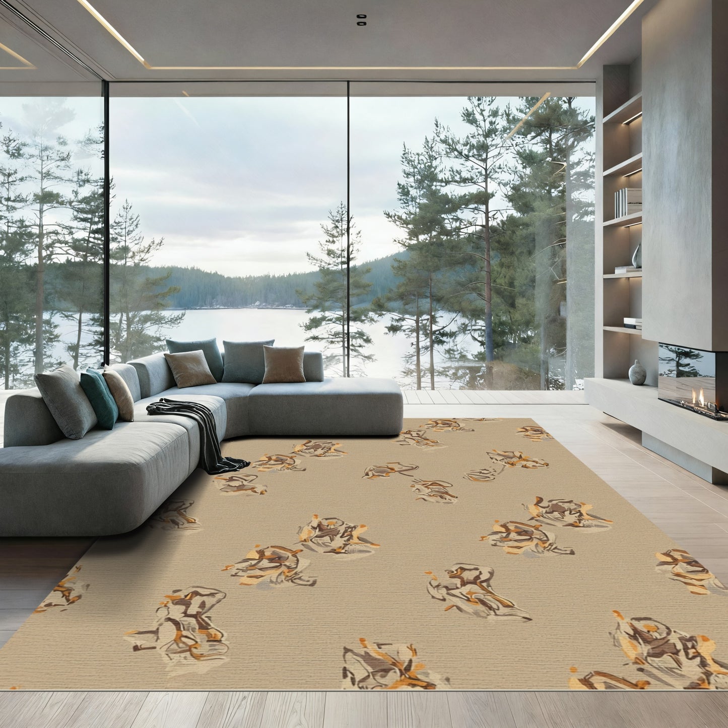 Tan Abstract Scattered Forms Rug