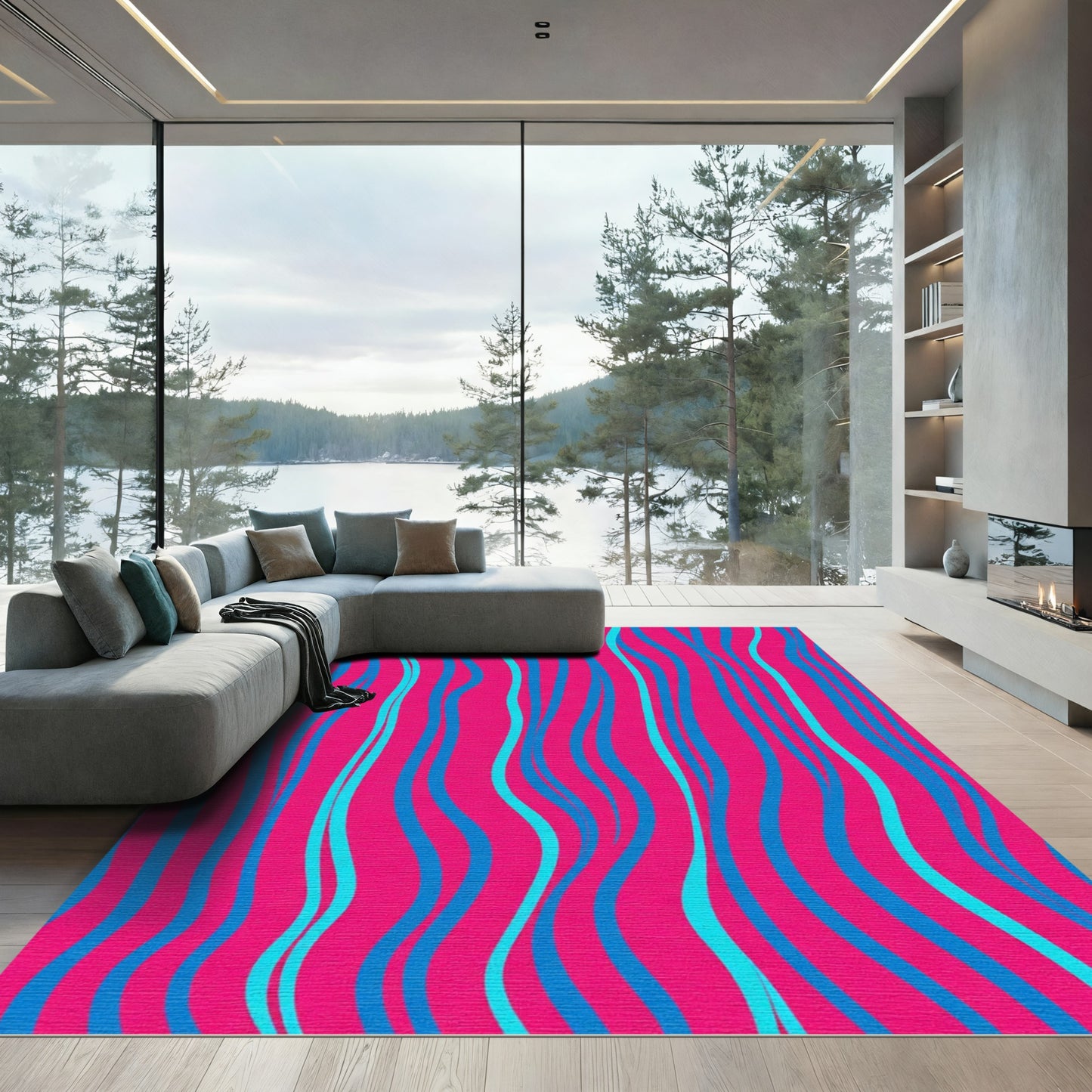 Vibrant Pink Blue Wavy Stripes Rug