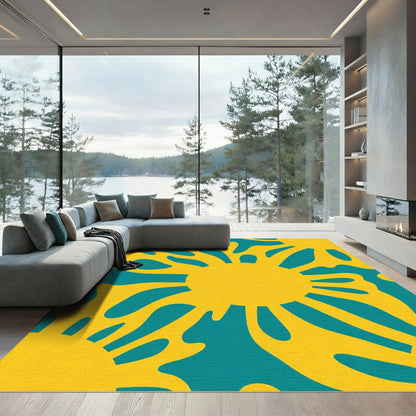 Sunny Yellow Teal Abstract Sunburst Rug