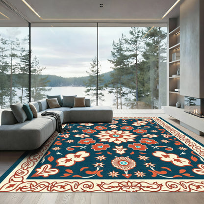 Crimson White Floral Medallions Dark Blue Rug