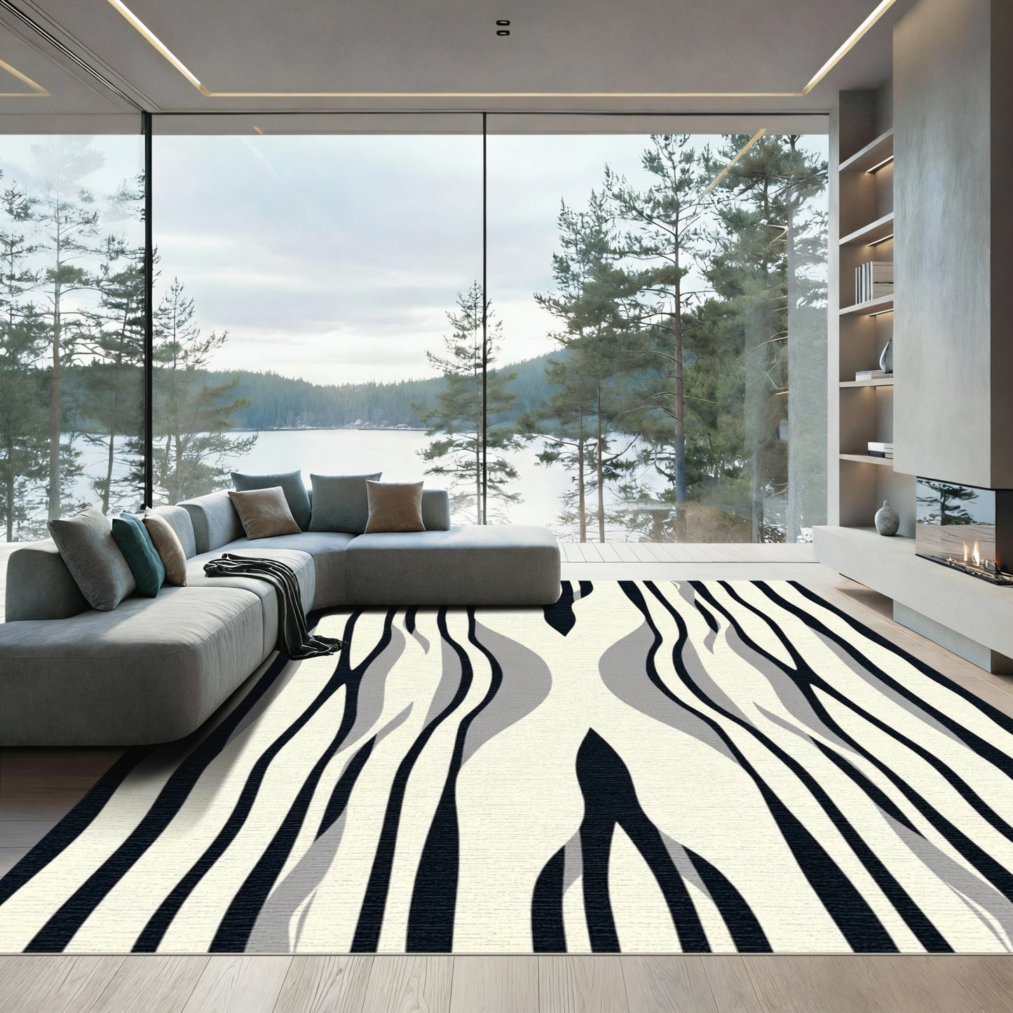 Abstract Black White Rippled Lines Rug