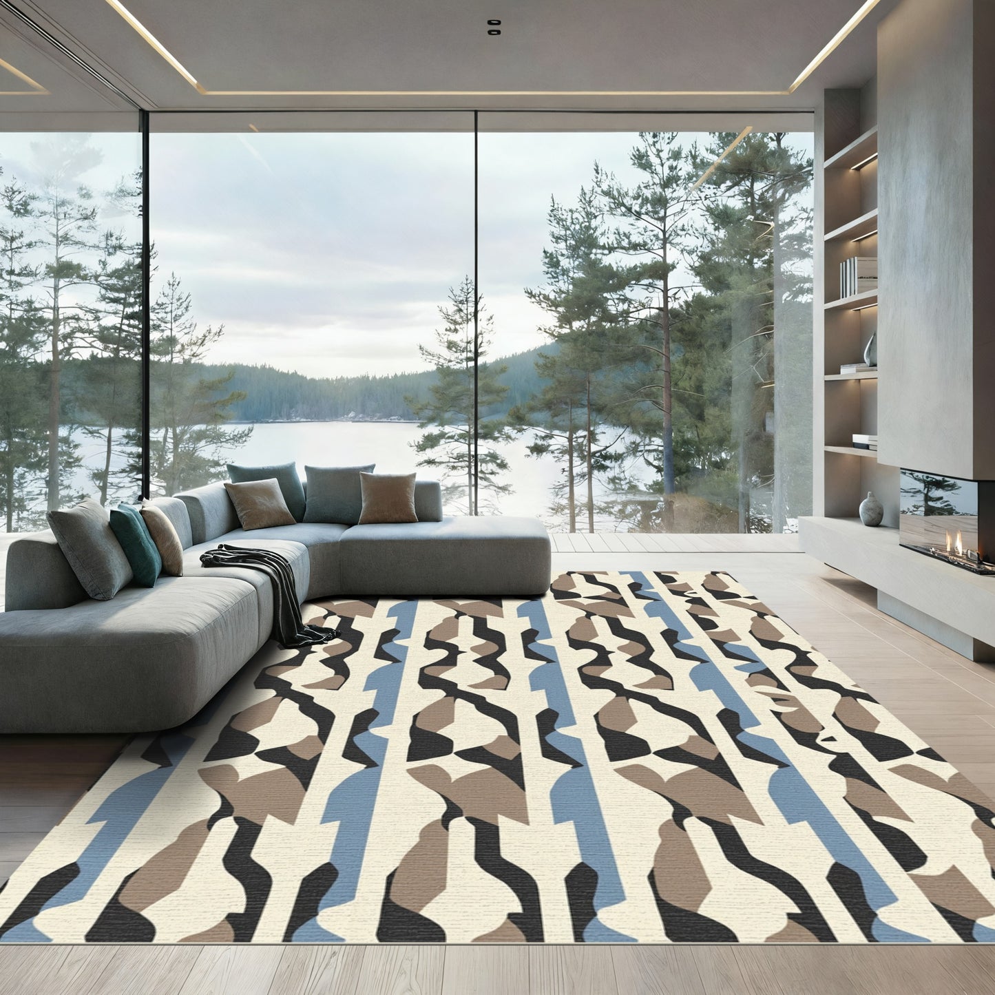 Abstract Blue Beige Graphic Vertical Rug