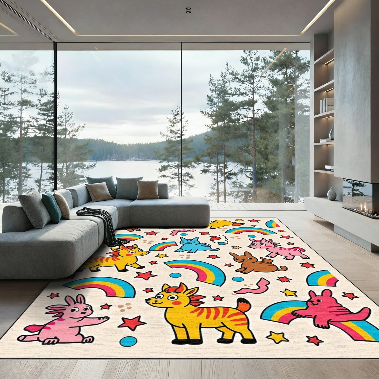 Whimsical Animals Rainbow Star Accents Rug