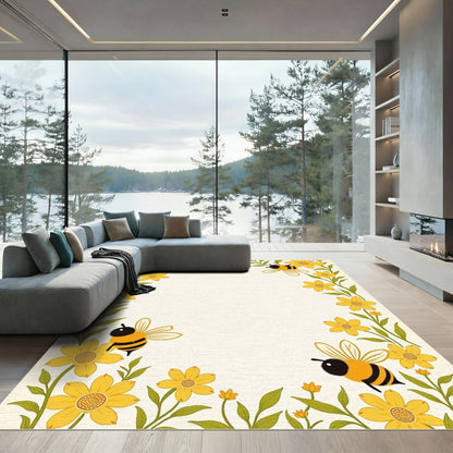 Yellow Floral Bee Border Rug