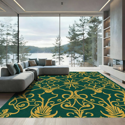 Rich Emerald Gold Damask Scroll Rug