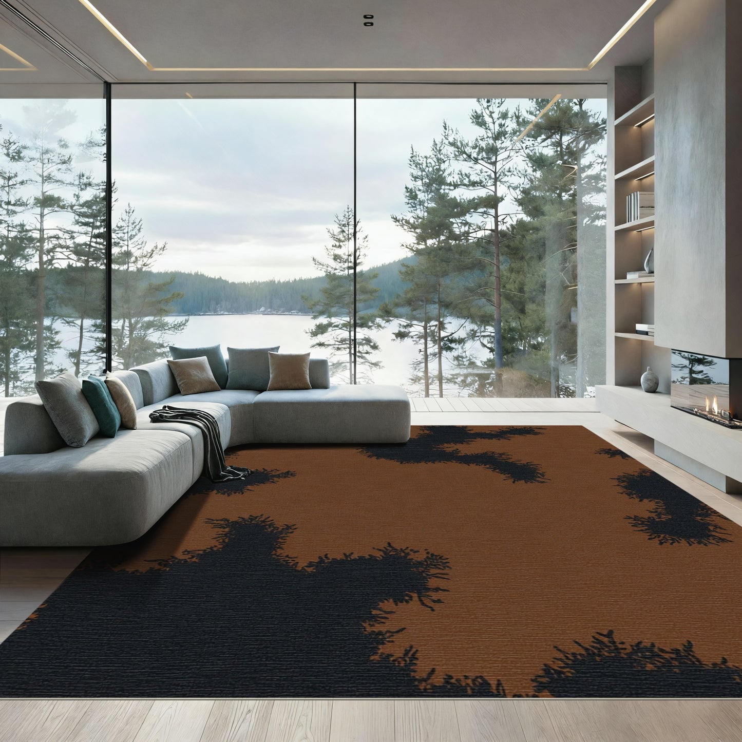 Earthy Brown Black Abstract Organic Shape Rug