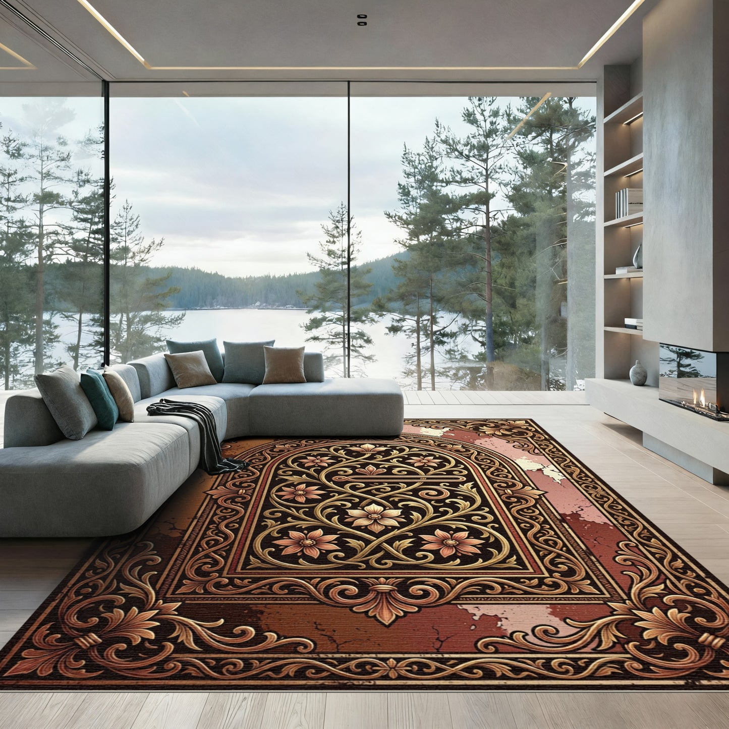 Ornate Bronze Floral Arch Scrollwork Rug