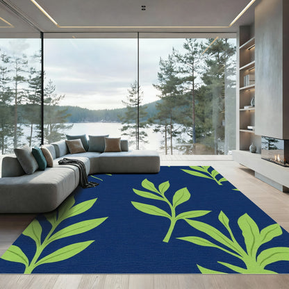 Navy Blue Green Leaf Branch Art Rug
