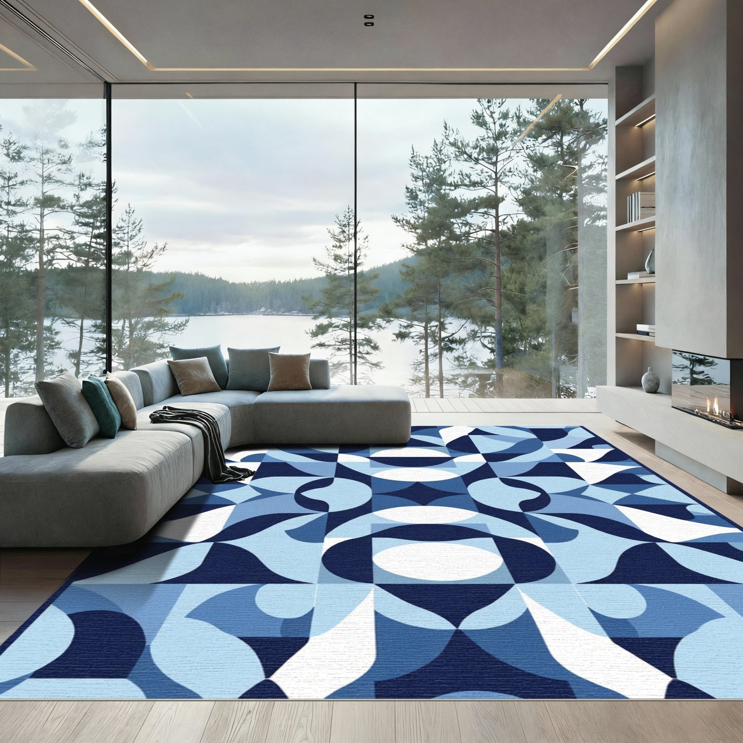 Arctic Blue Geometric Abstract Waves Rug