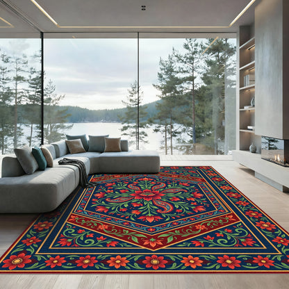 Deep Blue Red Floral Paisley Medallion Rug