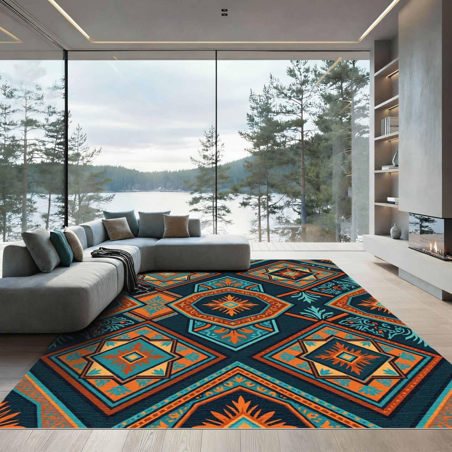 Ornate Teal Orange Geometric Medallion Rug