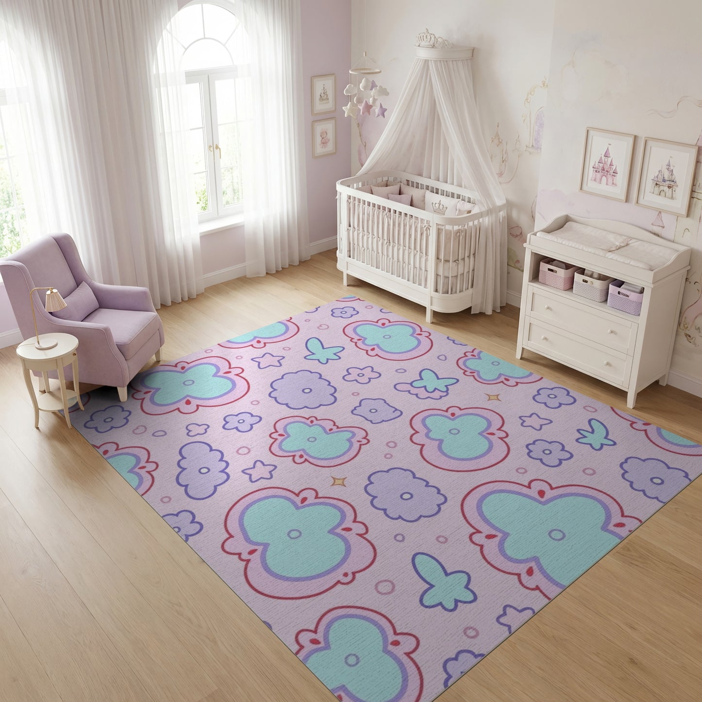 Pink Teal Purple Floral Butterfly Whimsical Rug