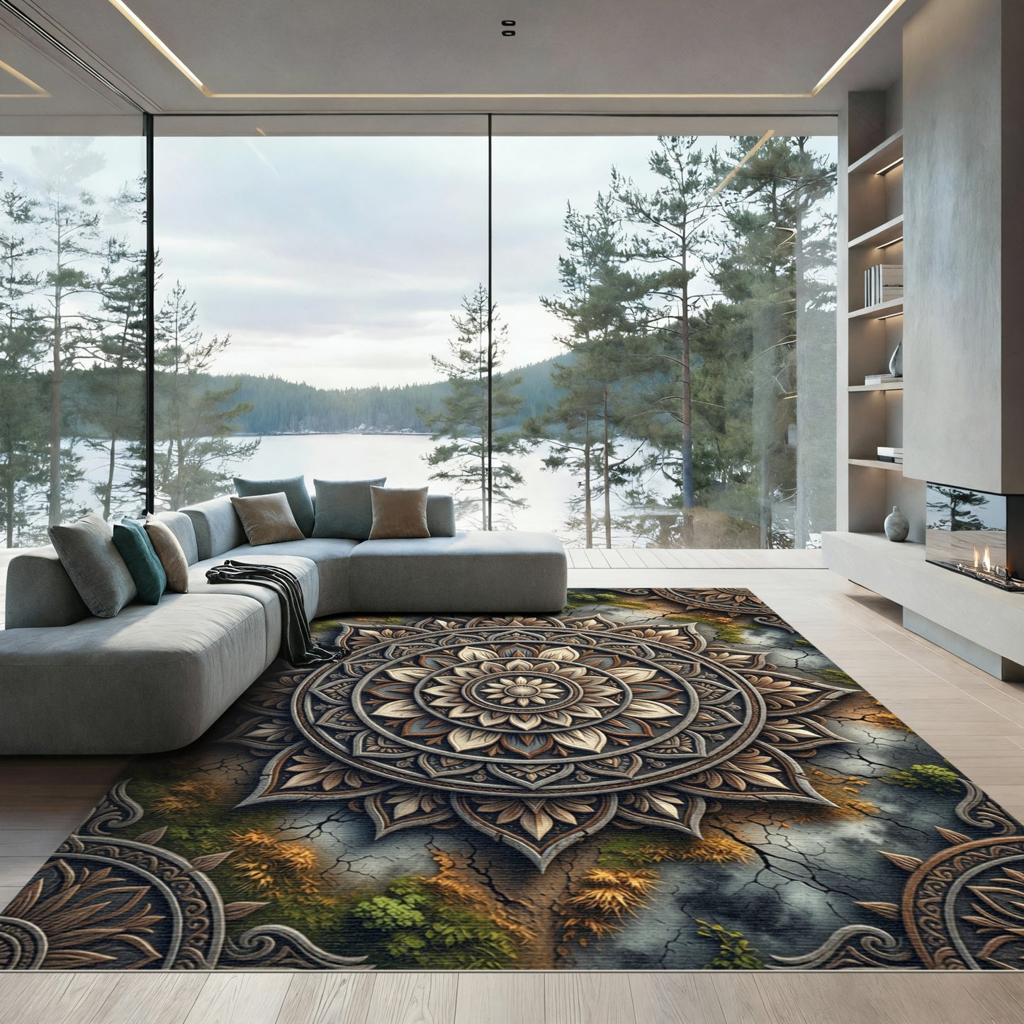 Earthy Stone Mandala Floral Medallion Rug